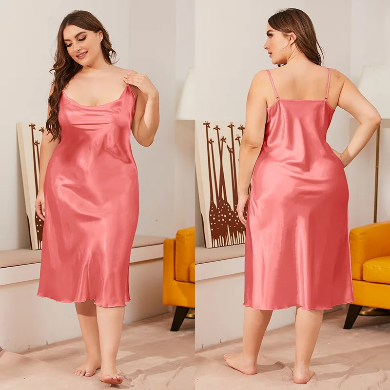 Sexy Women Plus Size Spaghetti Strap Nightgown Summer Satin Solid Home Wear Loose Intimate Lingerie Nightwear Chemise Nightdress