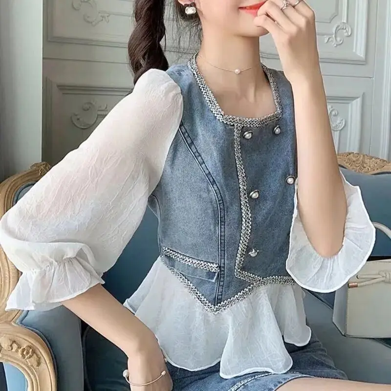 Commuting Denim Women\'s Two Piece Set Cotton Kawaii Office Skirt Female Outfits Formal Occasion Clothing Trend 2024 Korea Co Ord