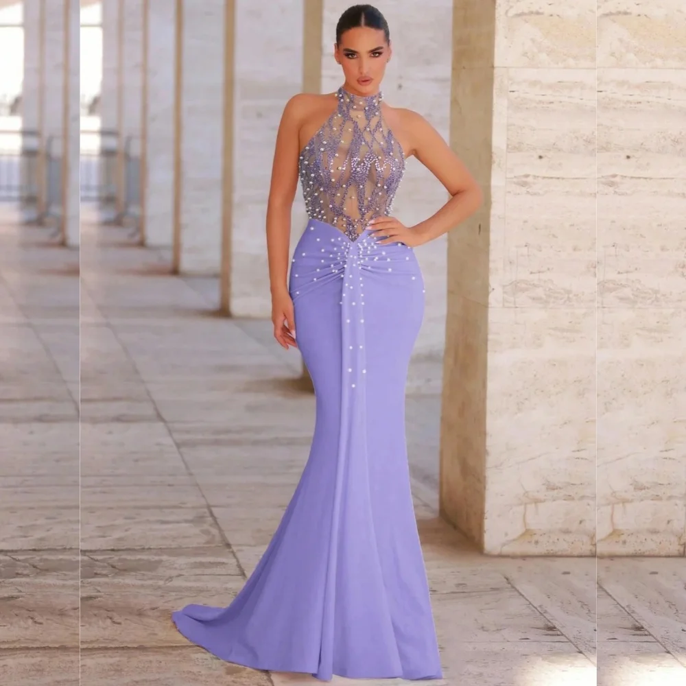 

Customized Elegant Exquisite Jersey Pearl Pleat Trumpet Halter Long Dresses Bespoke Occasion Intricate Sexy