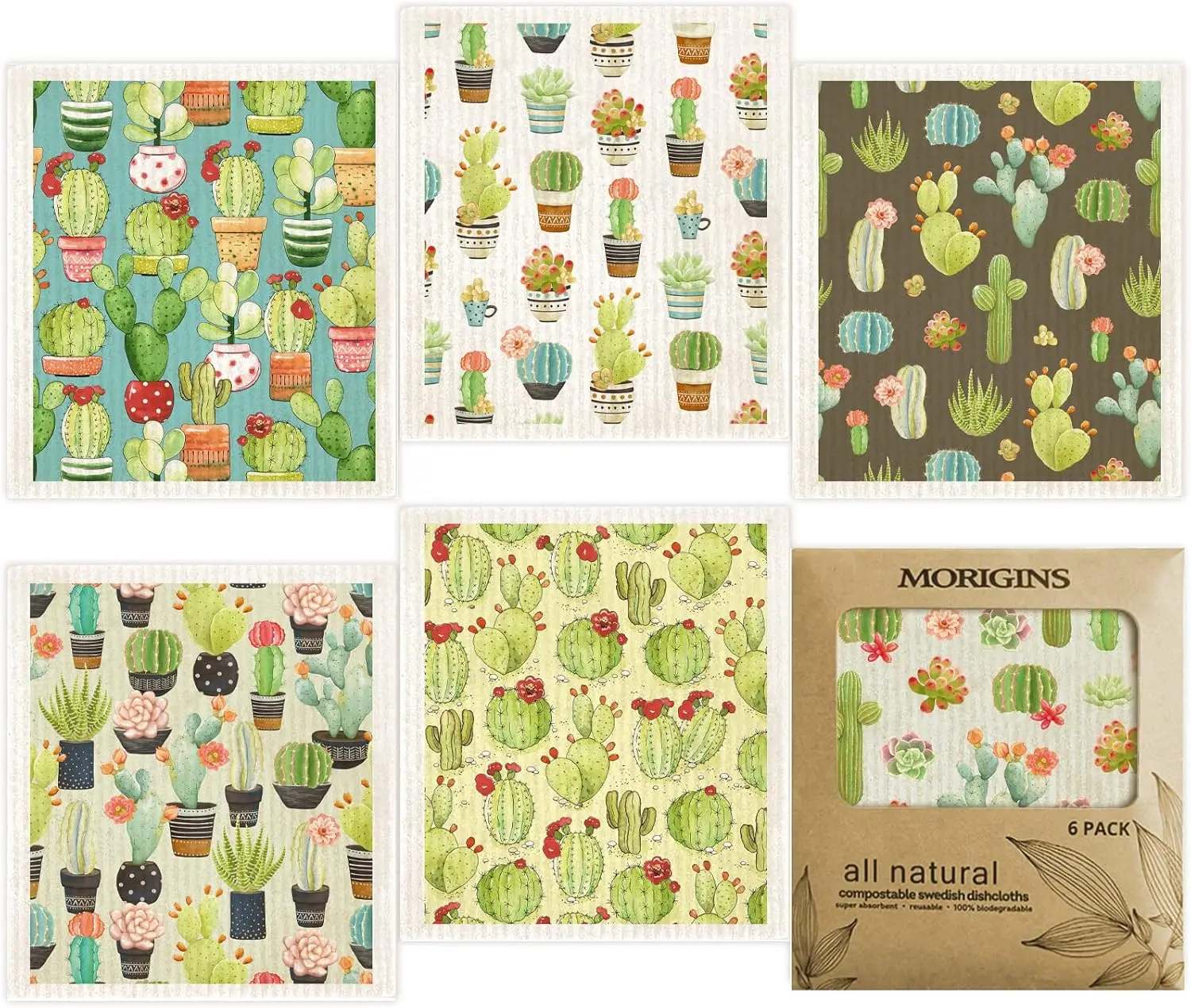 

Cactus Swedish Dish Cloths 6 Pack Reusable Compostable Kitchen Cloth, Cellulose Sponge Dish Towel Set