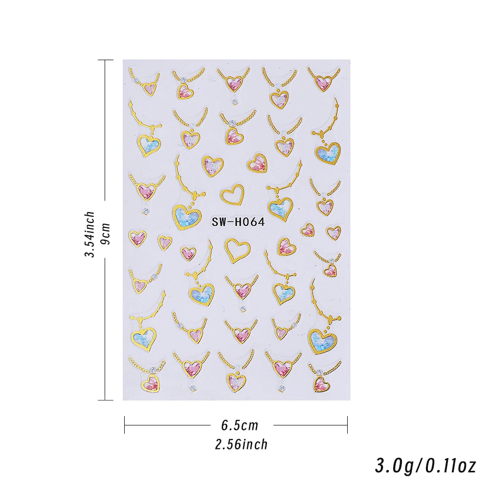 1 Uds. Collar 3D, gemas de corazón de amor, pegatinas para decoración de uñas, líneas doradas francesas, corazón de amor, purpurina, corazón, calcomanías de San Valentín, suministros para uñas
