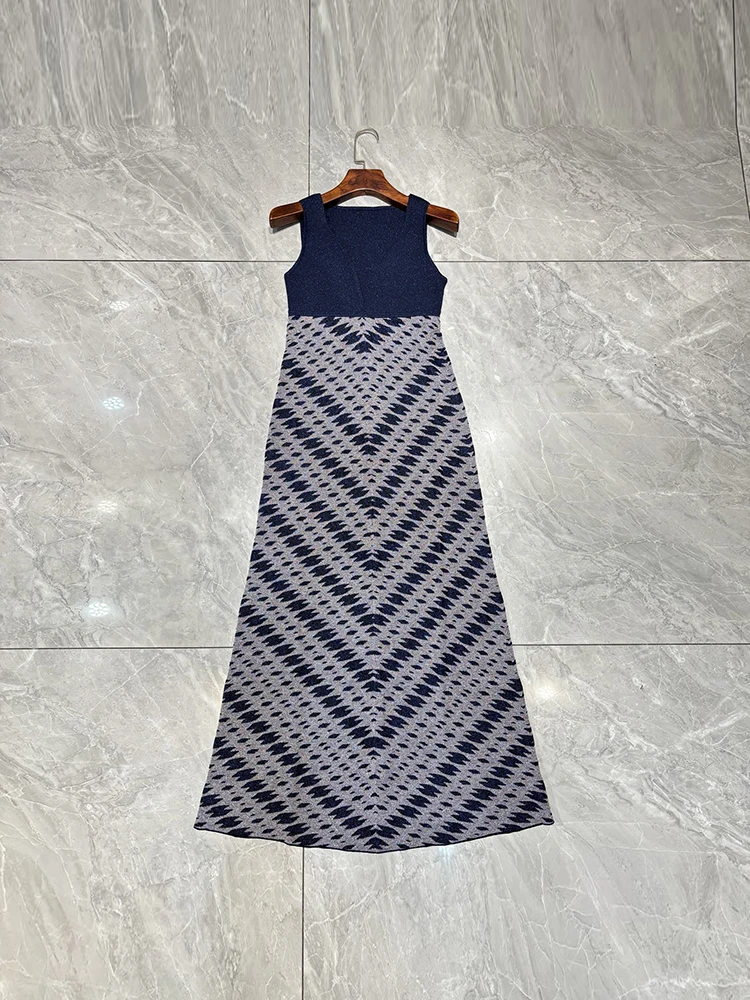 Summer Fashion Zigzag Pattern Knitting Vintage Elegant Long Dress Women's V-Neck Sleeveless Patchwork High Waist A-Line Dresses