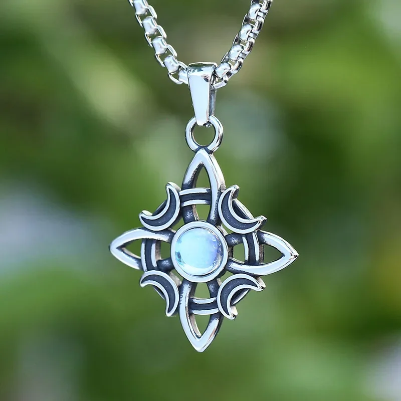 2024 New Lucky Gift 316L Stainless Steel Unique Viking Celtic Knot And Moonstone Pendant Necklace Couple&Wedding Gift