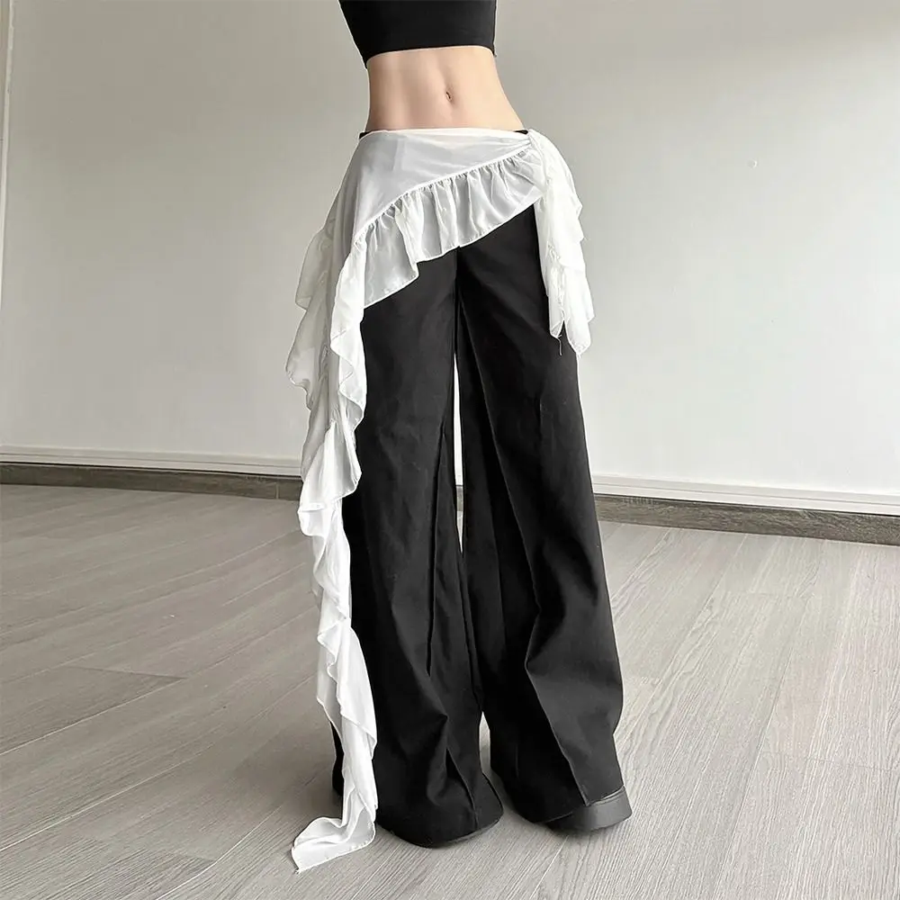 Celana Jeans Dekorasi Rok Mini Renda Tidak Beraturan Rok Ruched Harajuku Tembus Pandang Rok Ruffles Berenda Pinggang Tinggi Desain Bertali