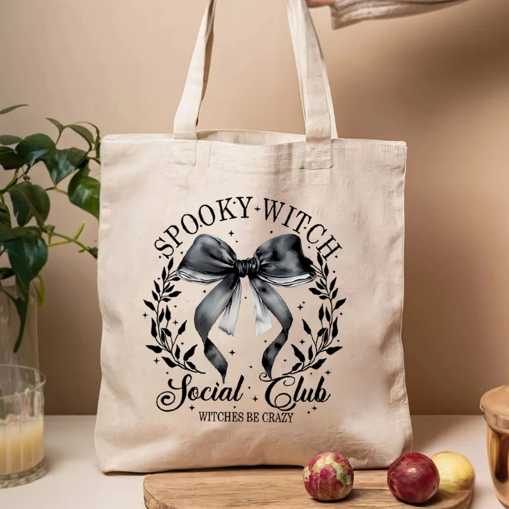 Cute Spooky Witch Social Club Graphic Tote Bag Lovely Retro Coquette Halloween Spooky Witch Ladie Lovely Shopping Canvas HandBag