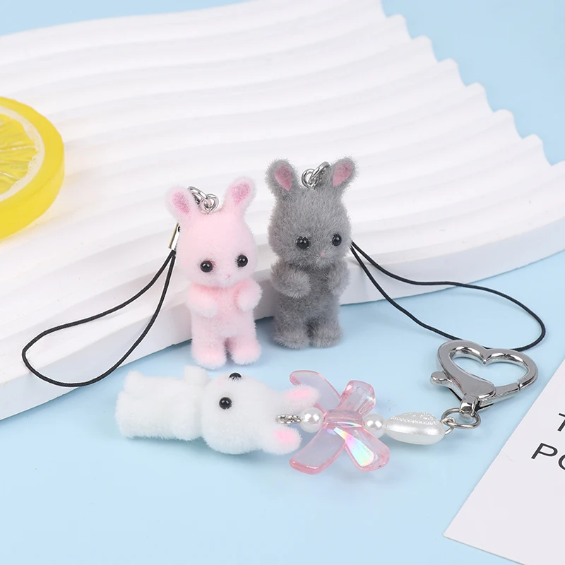 Cute Flocking Cat Rabbit Keychain Phone Chain Plush Bunny Phone Lanyard Keyring Car Key Holder Bag Pendant Earphone Camera Chain