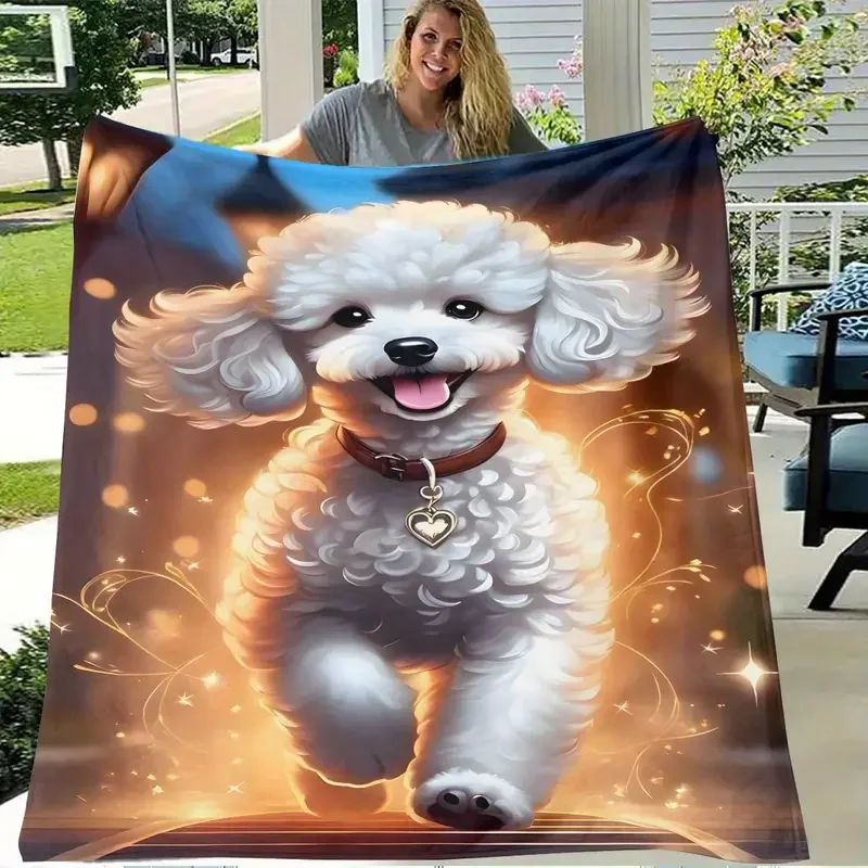 

A cheerful poodle print flannel blanket for bed, office, home, camping, cozy warmth, sofa, decoration - Christmas