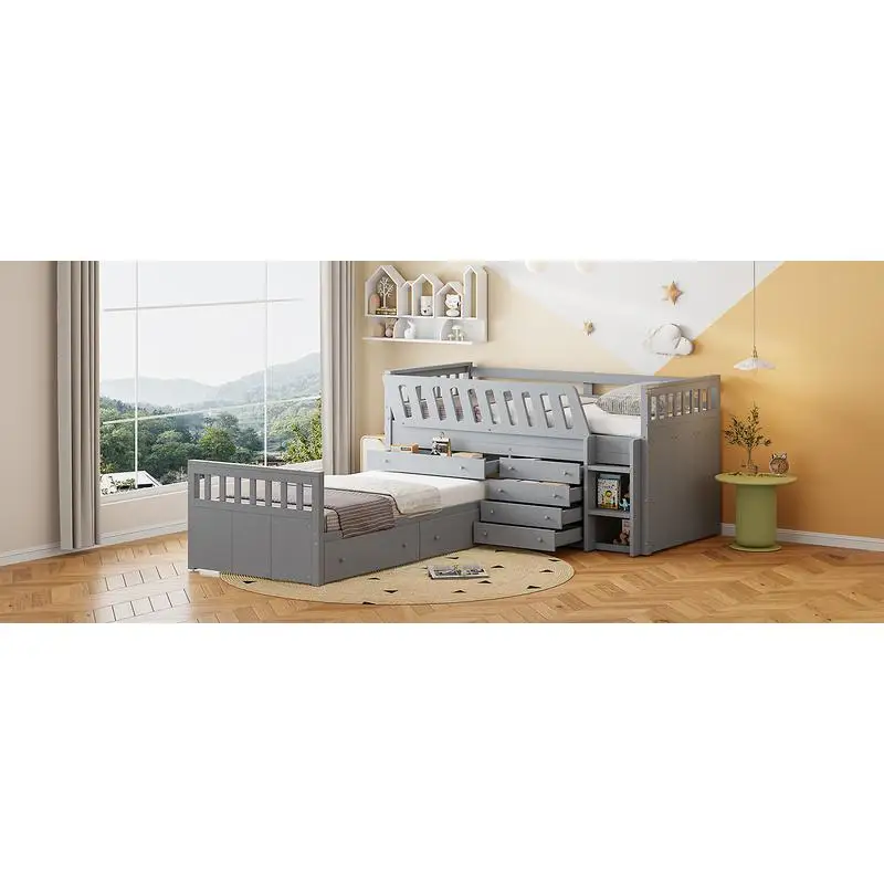 سرير علوي مزدوج موفر للمساحة على شكل حرف L مع منصة مزدوجة و7 أدراج، ودرابزين كاملة، رمادي #4