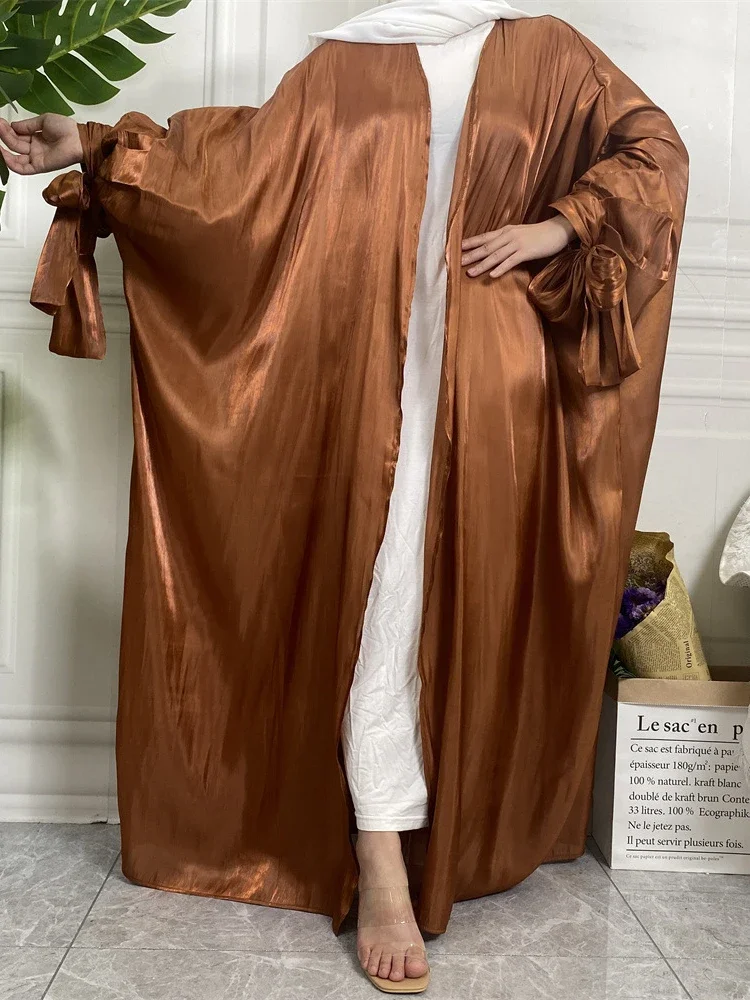 Ramadan Morocco Dress Muslim Women Abaya Cardigan Tie Bow Lantern Sleeve Silky Prayer Garment Robe Dubai Longue Vestidos Largos