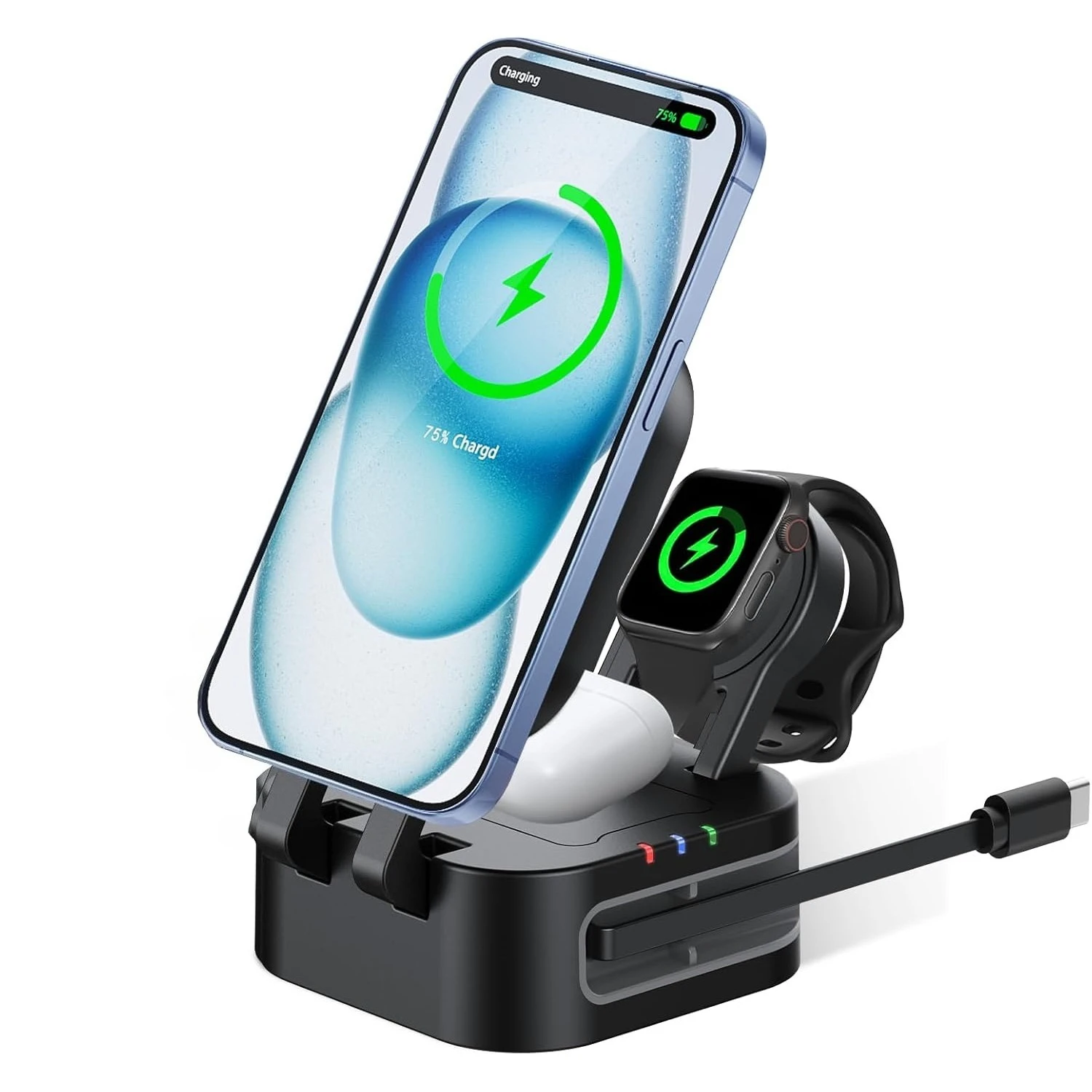 

Магнитная беспроводная зарядная станция 3 в 1 с удлинителями для iPhone 17 16 15 14 13 12 iWatch 11-2 Airpods Pro Быстрая зарядка