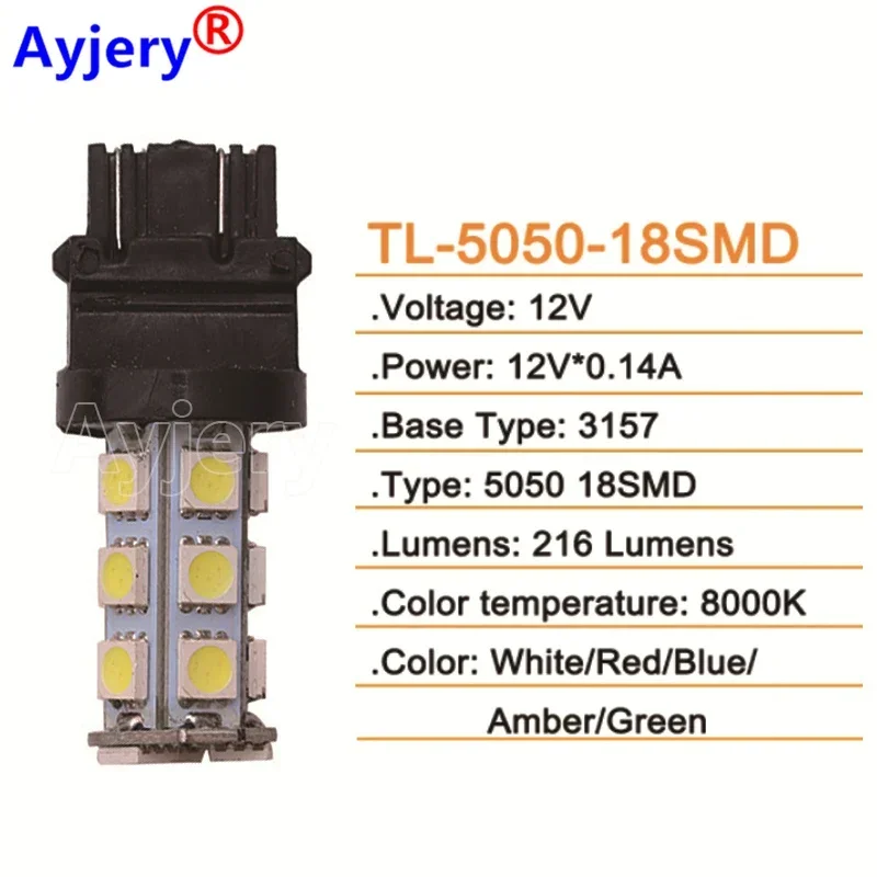 AYJREY 200 pcs DC 12V 3157 P27/7W T25 18 SMD 5050 3156 LED Bulb Car Reverse Turn Signal Brake Tail Lamp Light White Parking Bulb