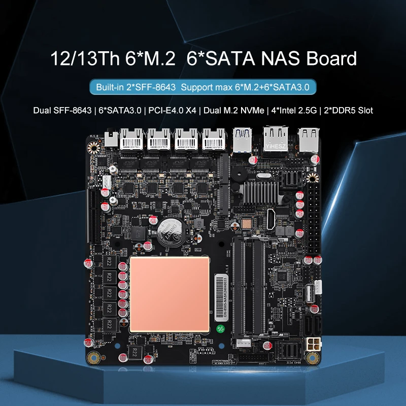 i5-12450H 6-Bay NAS Motherboard Pentium 8505 Max 6*NVMe 6*SATA3.0 PCI-E X4 Mini ITX Board 4*Intel i226-V 2.5G 2*DDR5 NAS Board