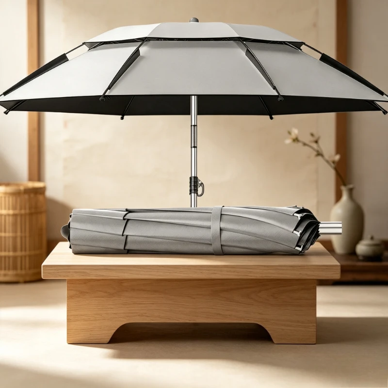 Modern Metal Fishing Umbrella 3-Fold Camping Canopy Black Coating UV Rainproof Tilt Portable Outdoor Shelter for Anglers