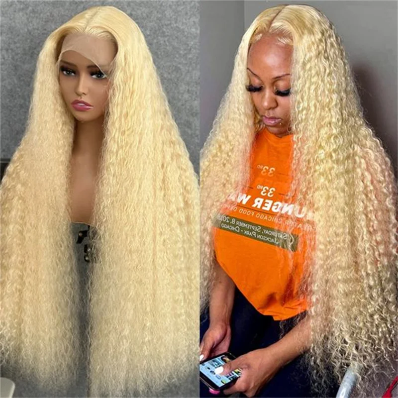 Soft 26Inch 613 Blonde Kinky Curly 180Density Long Glueless Deep Lace Front Wig For Women With Baby Hair Preplucked Daily