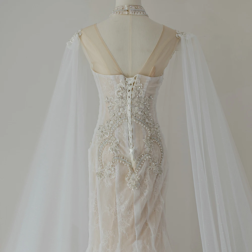 Fabrik Großhandel Förderung Hochzeit Kleid Angepasst Elegante Hochzeit Meerjungfrau High Neck Perlen Backless Vestido Noiva QW01913