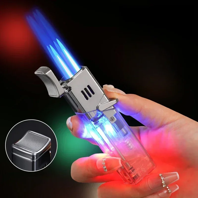 Windproof and Powerful Four Spray Flame Cigarette Lighter Visual Window LED Color Light Rocker Arm Metal Lighter Smoking Gift