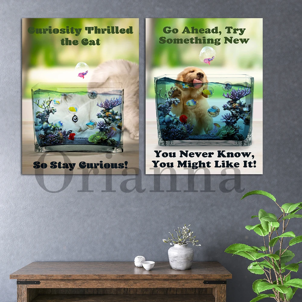 Fish Tank Fish In Bubbles Pet Cat Dog Wall Art Canvas Print Poster Modern Living Room Bedroom Kids Room Nursery Decor Painting