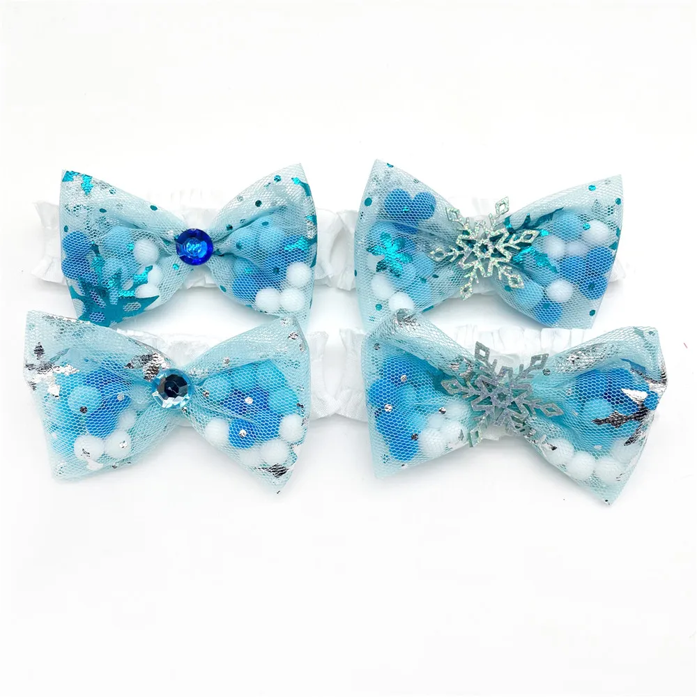 50pcs Cute Winter Style Small Dog Bow Tie Necktie Snowflake Blue Bows with Elastic Band for Small Dogs Cat Puppy Grooming Collar