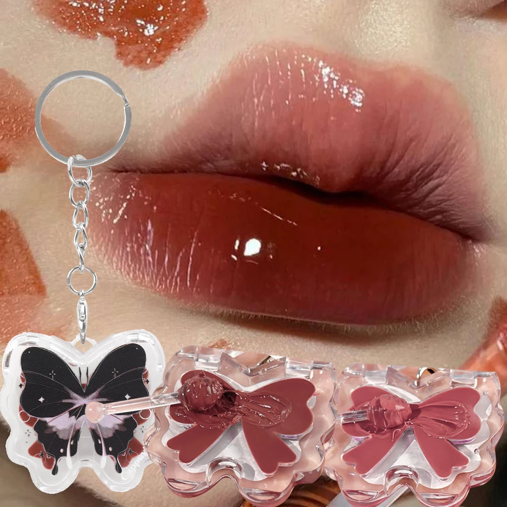 Butterfly Solid Lip Gloss Moisturizing Compact Lips Care Essential Dark Red Brown Mirror Lip Glaze Long-Lasting Lipstick Makeup