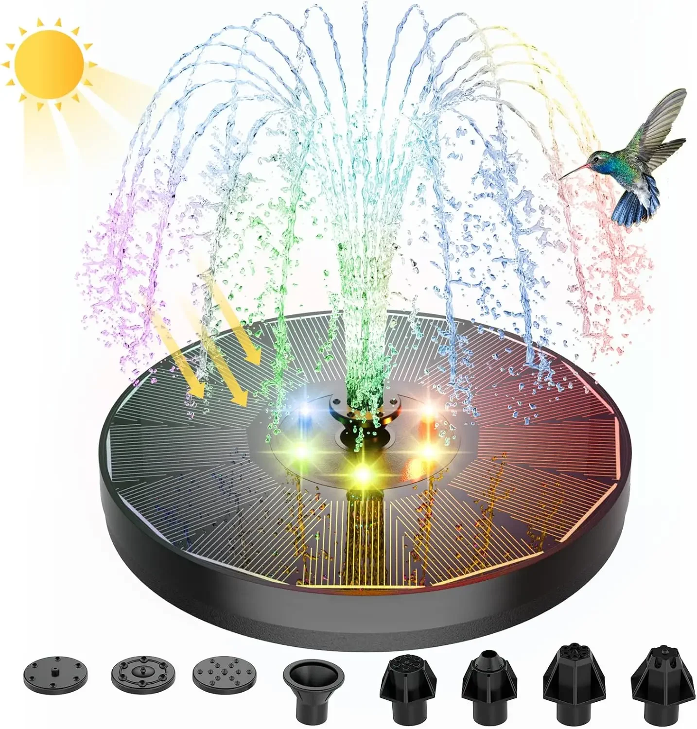 

5.5W solar fountain pump with LED lights, solar fountain with 1500mah battery built in, for bird baths, swimming pools, gardens