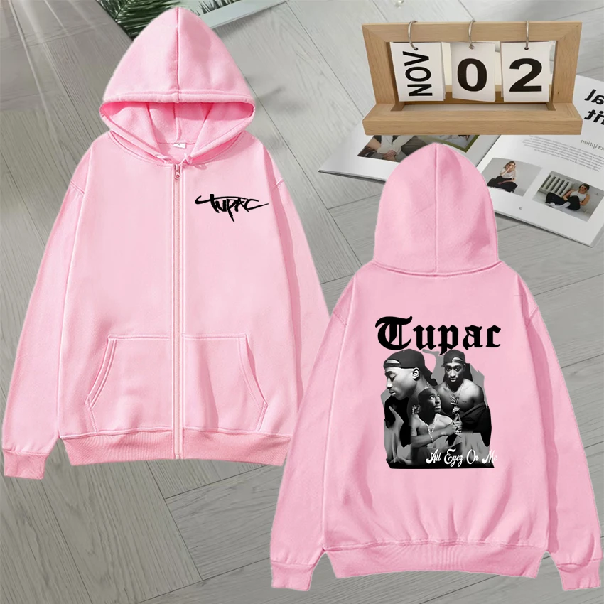 Tupac 2pac Graphic Double Sided Print Autumn Winter Zip Up Long sleeve Hoodie Men Women Loose jacket Fleece Unisex Zip Up Coats