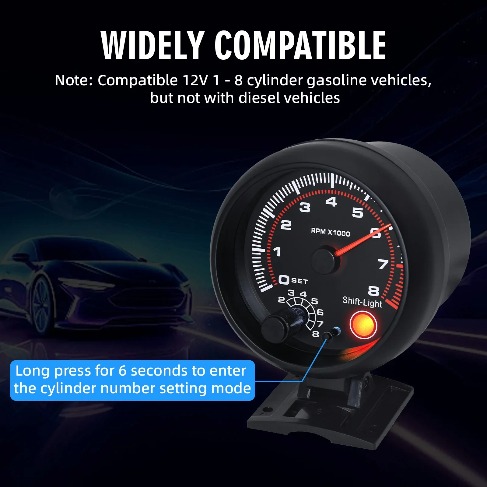 Auto-Tachometer mit Schaltlichtanzeige 0-8000 U/min Drehzahlmesser für 1-8 Zylinder Tachometer für 12V Rennwagen Fahrzeug Auto-Anzeige – Detail 3
