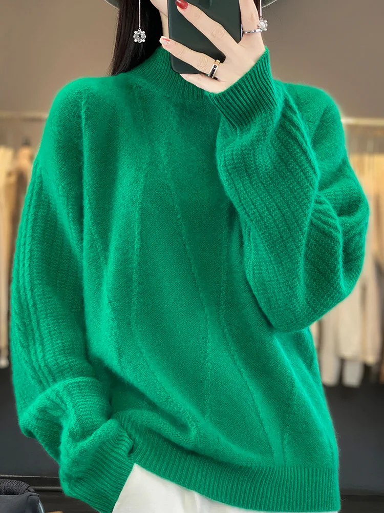 Women's Mock Neck Hollow Out Sweater Pullovers 100% Pure Wool Cashmere Loose Vintage Solid Knitwear Autumn Winter Clothing Tops