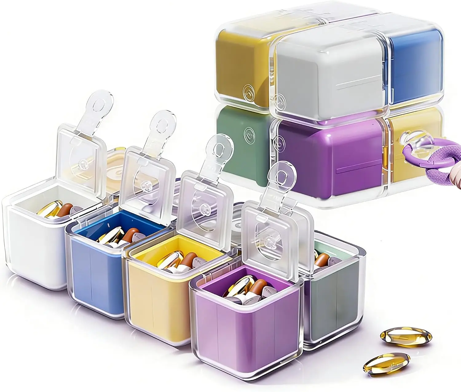 8-compartment colorful pillbox with magnetic closure, easy to disassemble and clean, suitable for vitamins and medicines.