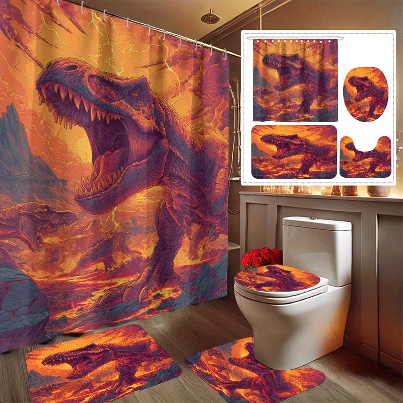 4pcs Fire Dragon Festival Beast 2D Flat Print Shower Curtain Set, Bathroom Decor Kit Includes Shower Curtain, Non-Slip Mat