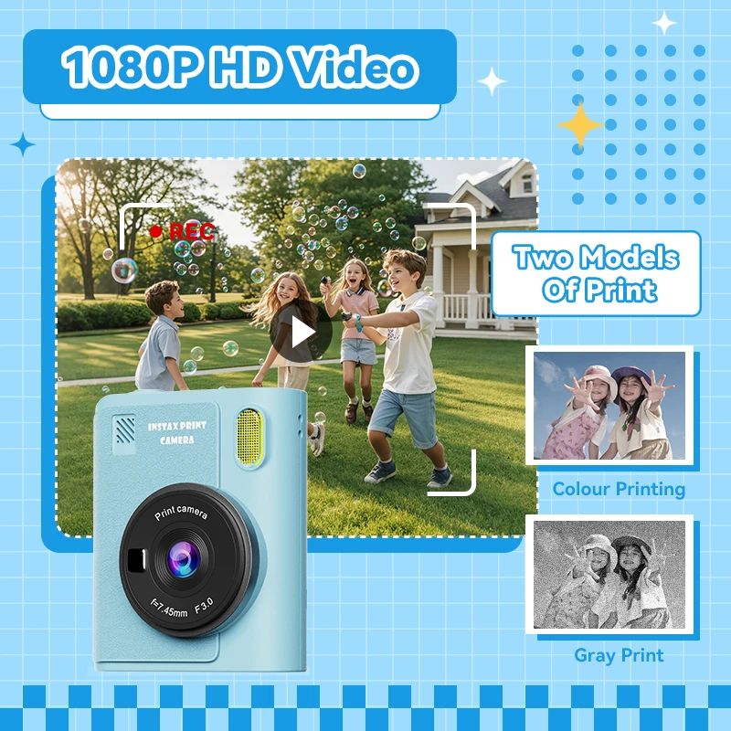 Christmas Gift Kids' Camera 2.4-inch Display 8X Zoom Instant Printing Portable Digital Camera Suitable For Kids Ages 3-12