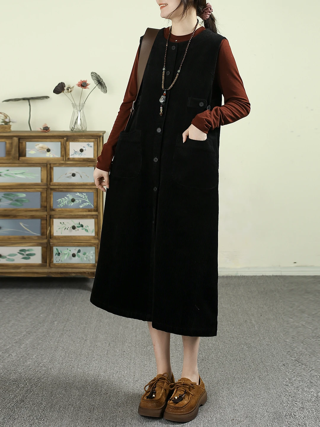 Retro japonês sle veludo colete dr feminino outono inverno solto em camadas svel longa saia evasê dr