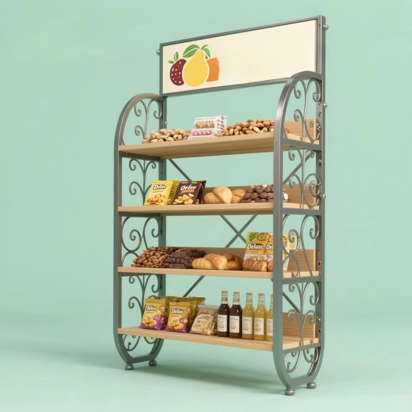 Nut potato chips chocolate food display cabinet wooden bread display rack bottle display candy store snack rack