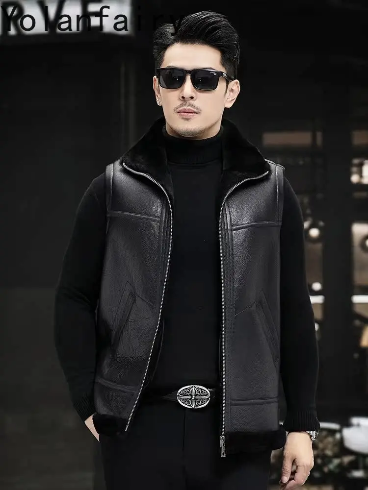 YOLANFAIRY Natural Sheep Fur Coat Man Winter Short Genuine Leather Jacket Men Sleeveless Casual Black Fur Vest Warm Waistcoat