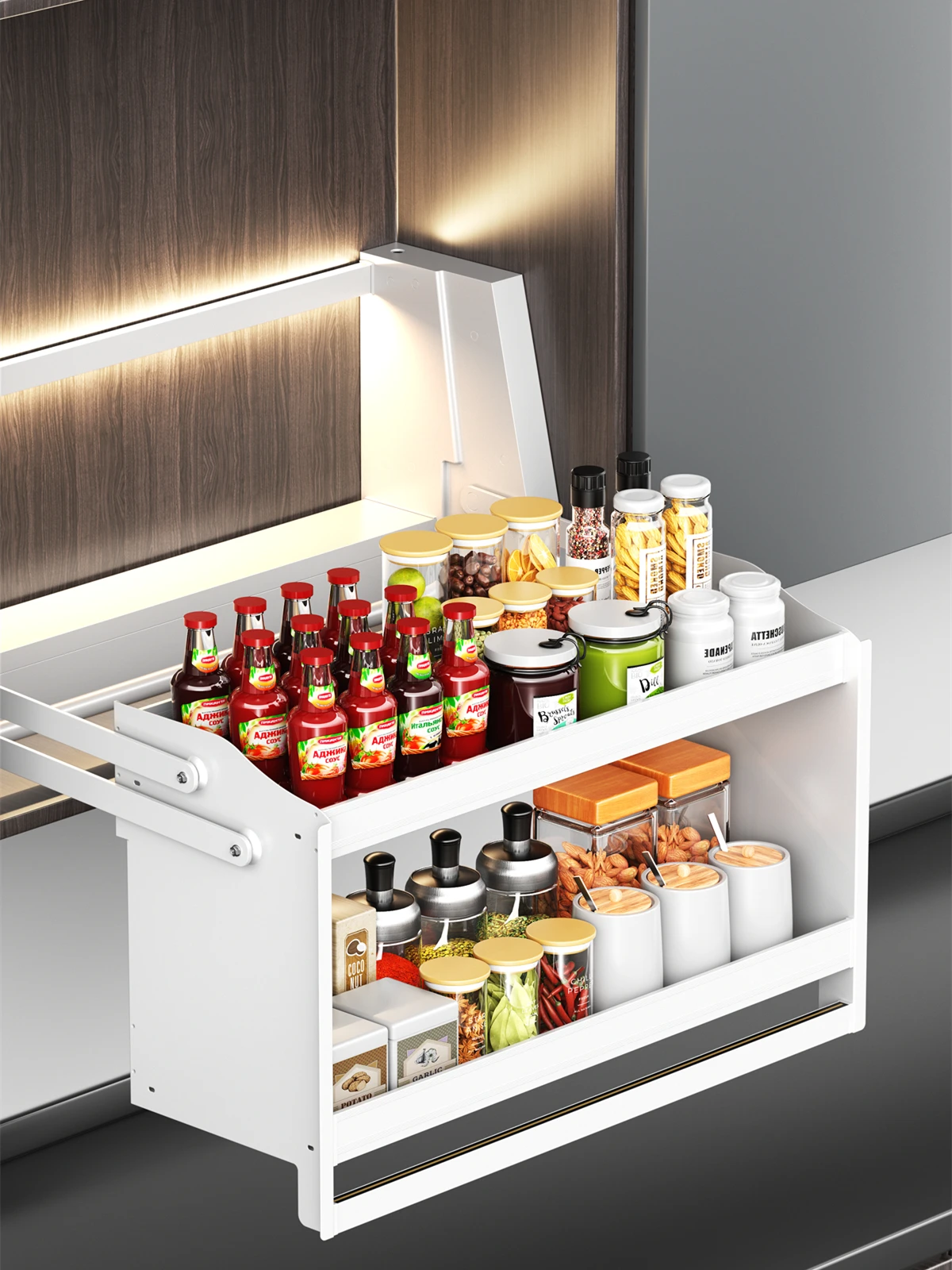 

Smart Spice Rack Electric Pull Down Shelf Cabinet Organizer Touch Control Anti-Collision Lift Upper Kitchen Pantry Storage TST