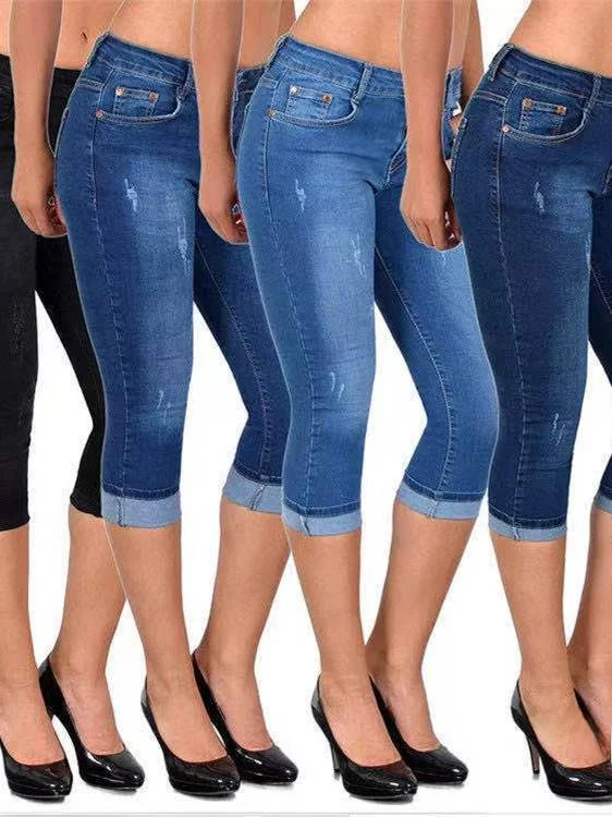 Eenvoudige stretch strakke denim capribroek Casual fit jeans Zeven voet lengte elastische bandage Sle voor dames in zomerseizoen
