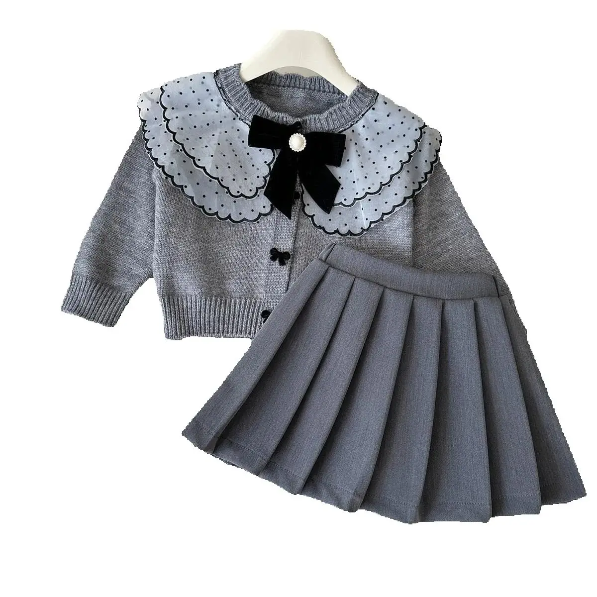 Girls' Fashion Set Spring and Autumn New Collection Children's Sweater cardigan pleated skirt two-piece set