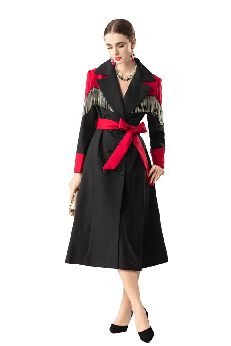 Women's Black & Red Color Block Trench Coat, Double Breasted Long Coat with Beaded Fringe Detail, Notch Collar & Waist Belt