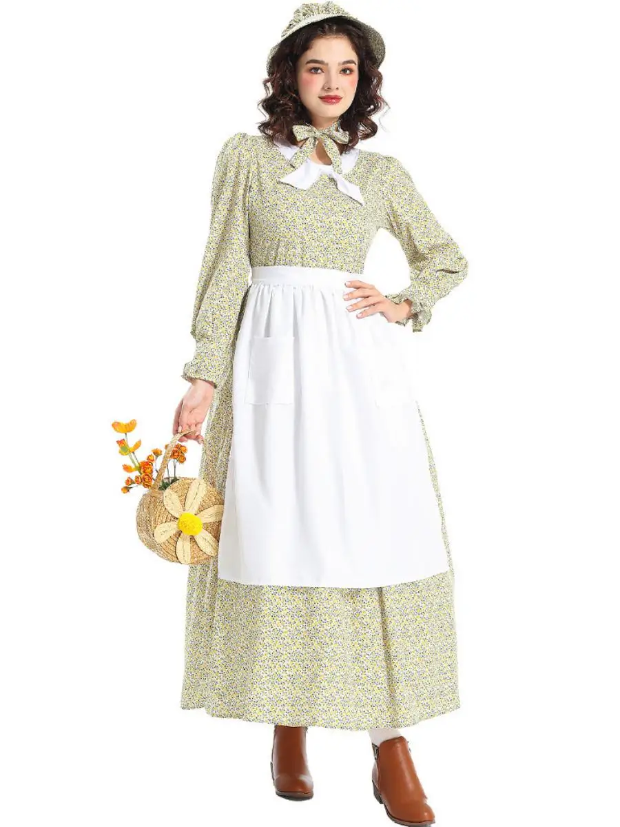Nieuw Halloween-kostuum gele bloemenprint Dr. Schort Pionier Outfit Etnische kleding voor dames Toneelkostuum Polyester Materiaal