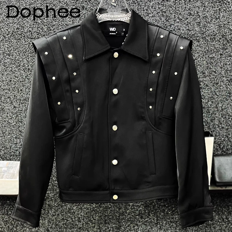 

Men's 2025 Spring Autumn New Trendy Versatile Jackets Male Stylish Youth Short Style Rivet Jackets High-end Double-layer Coats