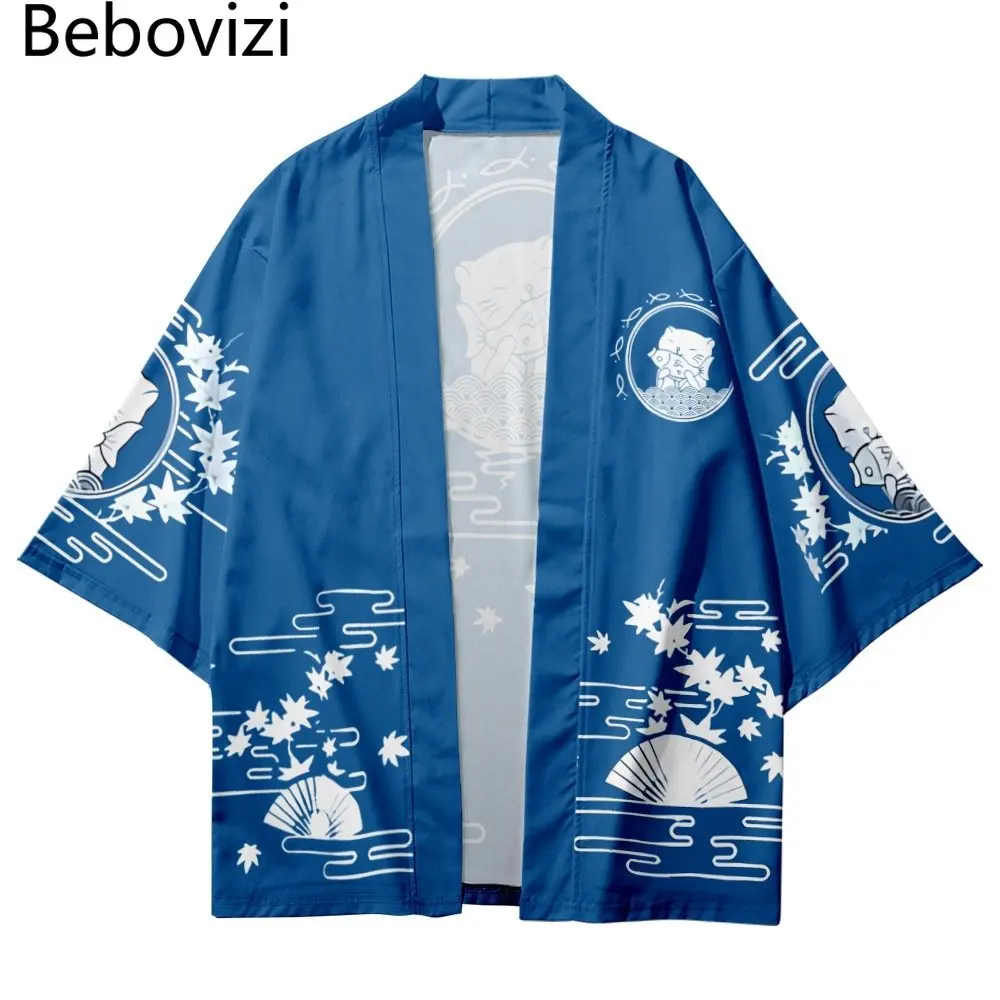 Letnia plaża Casual kardigan typu Oversized niebieski Haori damska tradycyjna odzież japoński nadruk z kotem Kimono mężczyźni topy 5XL 6XL