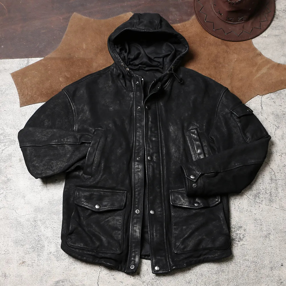 Vintage Distressed N3B Genuine Leather Jacket, Loose Slightly Wide Hooded Oil Suede Goatskin Hunting Genuine Coat