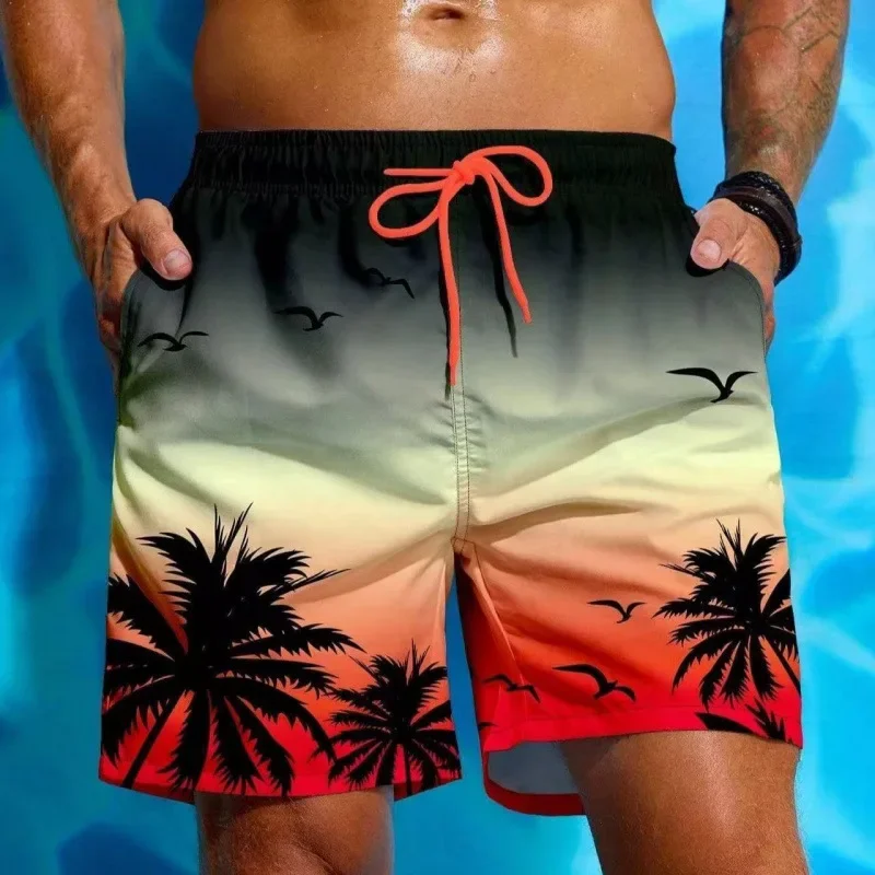 

2025 Summer New Beach Swimming Surfing Fast Drying Breathable Casual Men Coconut Tree Printed Slow Running Fitness Shorts
