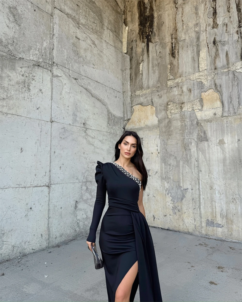 CustomizedCustomized Graceful Black Jersey Evening Dress Forma Boat Neck One Shoulder Long Sleeves Party Dress Modern Celebrity  image 3