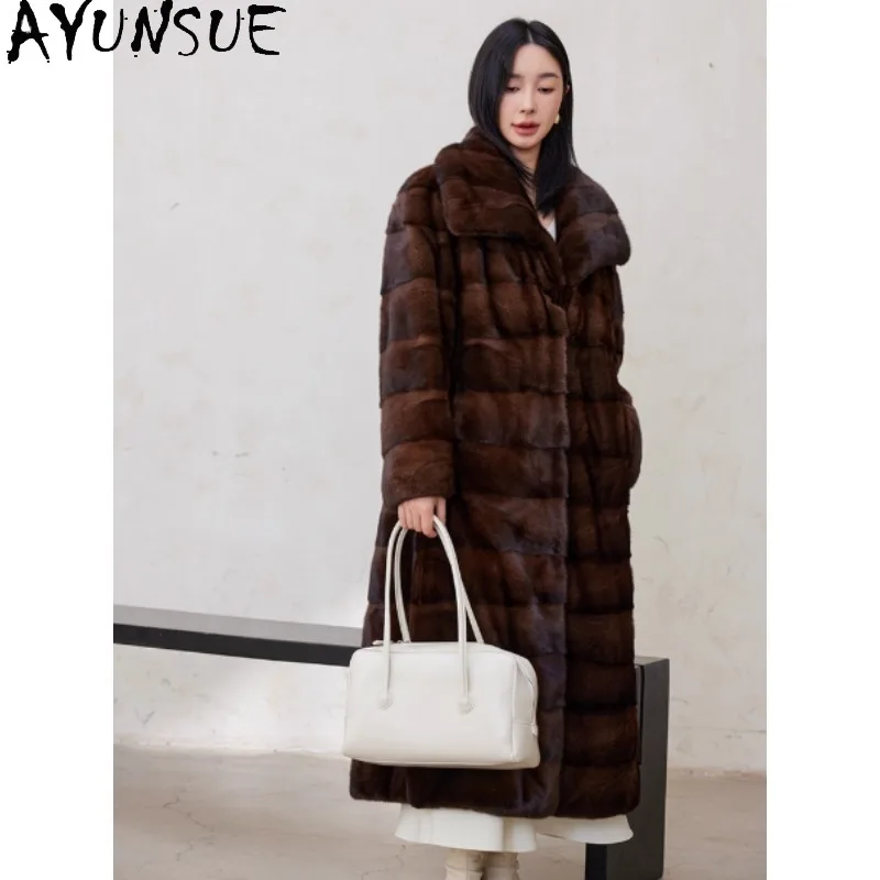 เสื้อโค้ทขนมิงค์แท้ AYUNSUE สำหรับผู้หญิง รุ่นใหม่ล่าสุด เสื้อโค้ทยาวสำหรับฤดูหนาว เสื้อผ้าแฟชั่นหรูหราสำหรับผู้หญิง เสื้อโค้ทขนสัตว์สำหรับผู้หญิง