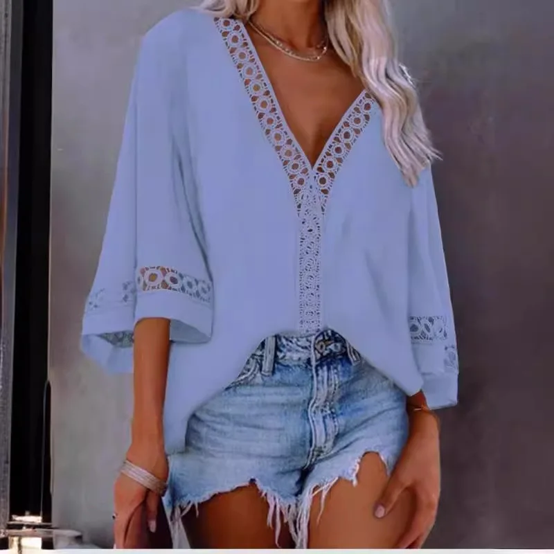 Lace Shirt Women Streetwear Summer 2024 New Shirt V-neck Hollow Tops Fashionable and Versatile Comfortable and Casual T-shirt