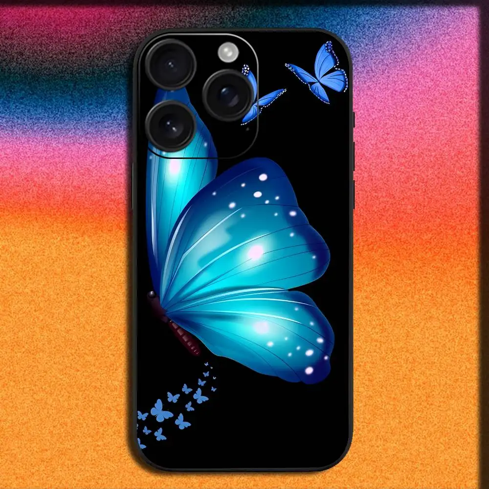 Custodia per telefono con farfalla blu per iPhone 17,16,15,14,13,12,11,Pro,Max,Plus,E,SE4,Air,Mini Cover nera