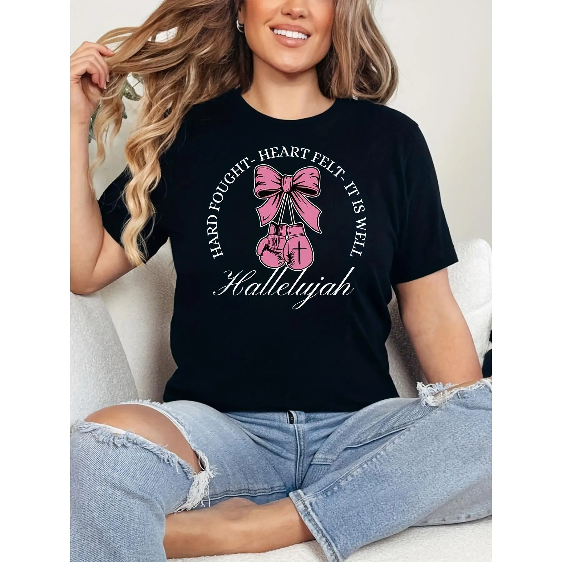 

Women's T-Shirt 100% Casual Round Neck Short Sleeve Soft Breathable Machine Washable Stylish Bow Print Spring