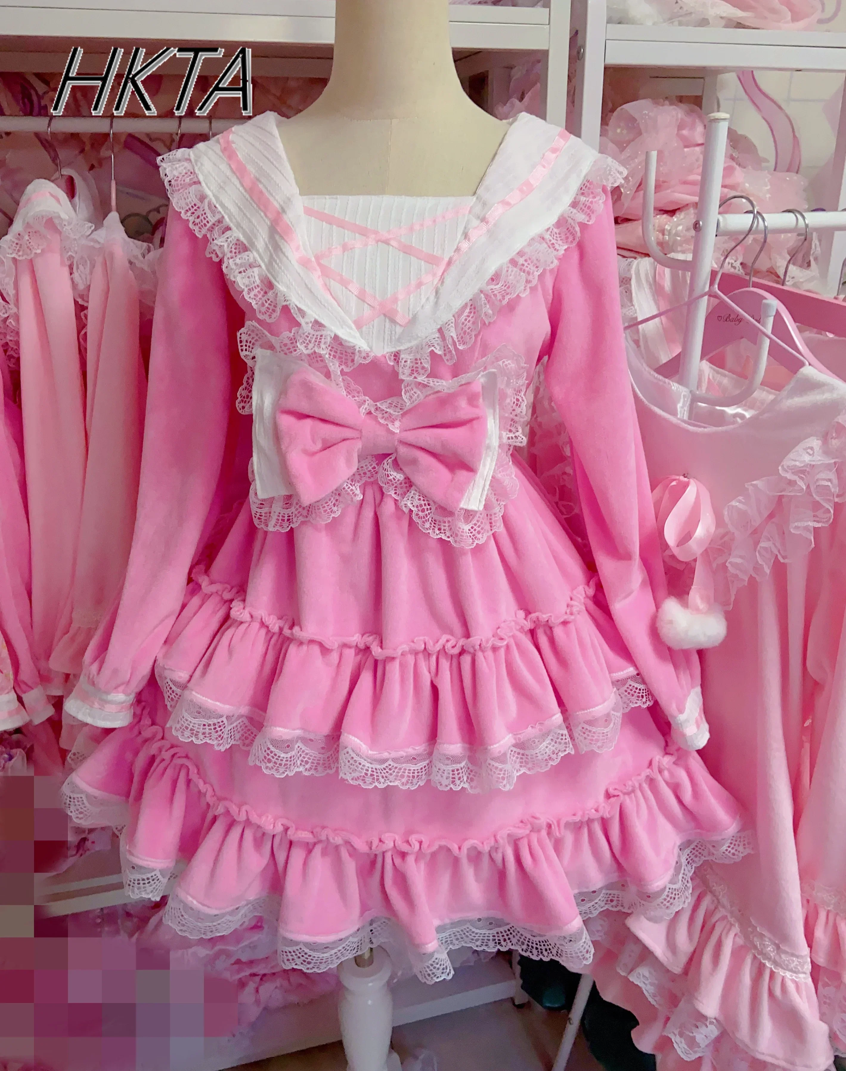 Kawaii Sweet Pink Lolita Princess Dress Women Winter New Original Preppy Style Cute Bow Long Sleeved Fleece Lined Fairy Dress