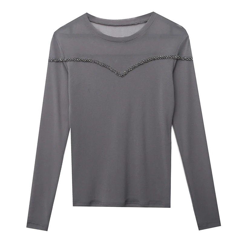 Camiseta Feminina Longa Slim Fit com Detalhes em Strass, Estilo Europeu, Moda Outono