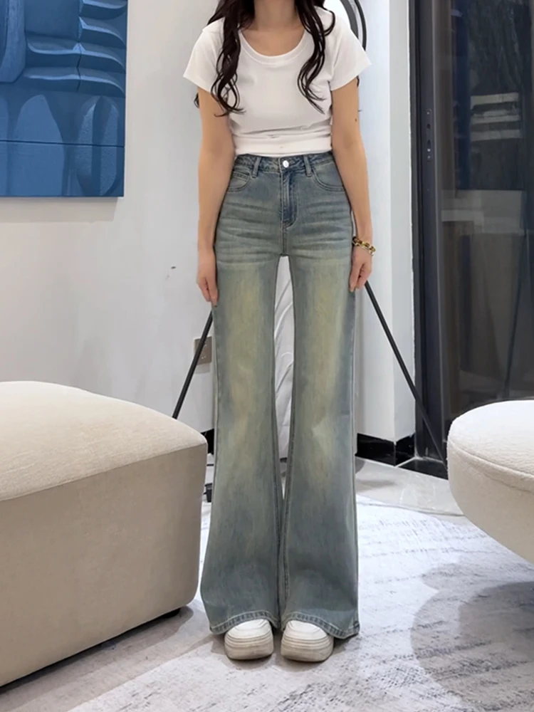 Retro Faded Bell Bottom Jeans Women's New plus Size Loose Slimming Pear Shaped Body High Waist Cotton Stretch Denim Jeans